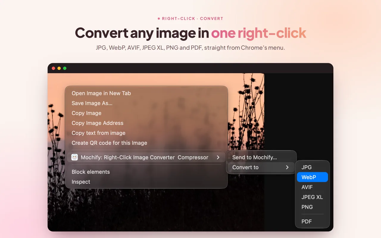 Chrome's right-click menu on an image, with the Mochify entry expanded to show Send to Mochify and a Convert to submenu listing JPG, WebP, AVIF, JPEG XL, PNG and PDF.