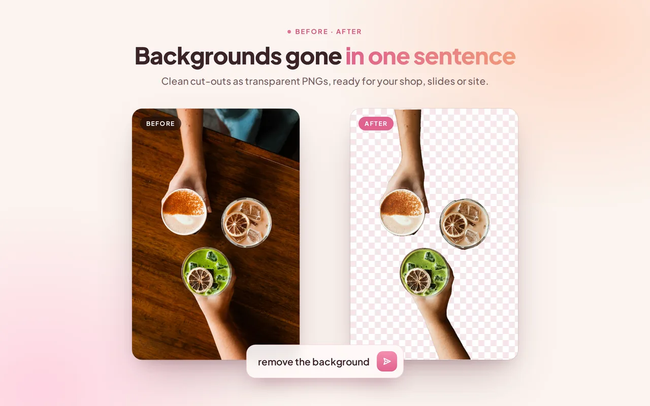 Before and after: a photo of three drinks on a wooden table, and the same drinks cut out on a transparent background after the prompt 'remove the background'.